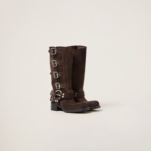 Miu Miu Dark Brown Suede Moto Boots